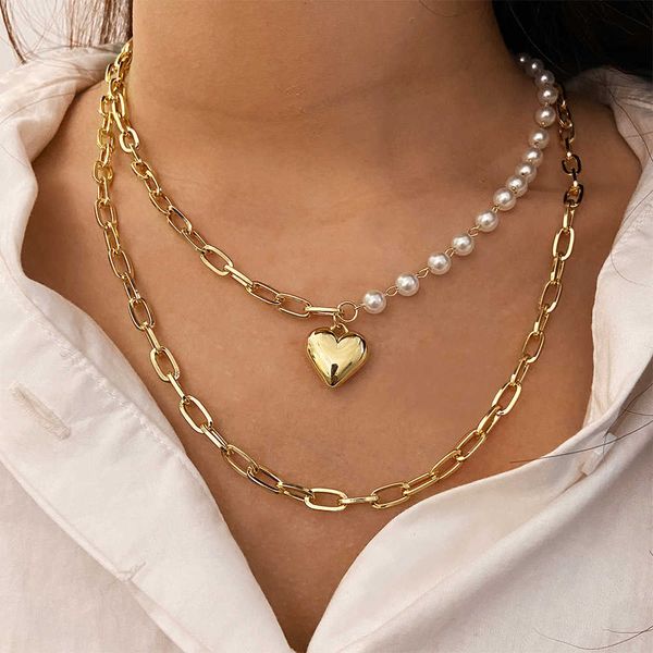 

52911 multi-layer clavicle chain creative double pearl love pendant necklace for women, Silver