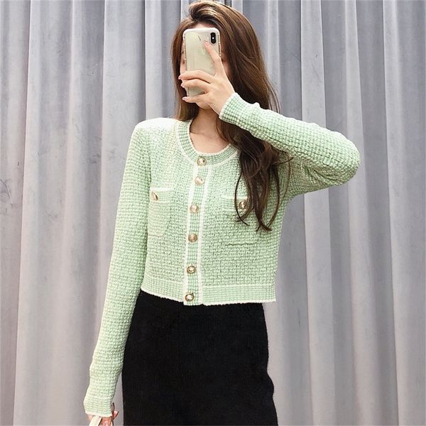 

woolen sweater female french celebrity early spring 2021 new round neck green cardigan tweed jacket age reducing fashionli, White;black