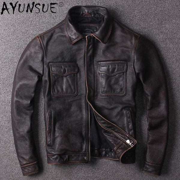 

men's leather & faux ayunsue vintage cowhide coat genuine jacket men plus size spring autumn jackets clothes 2021, Black