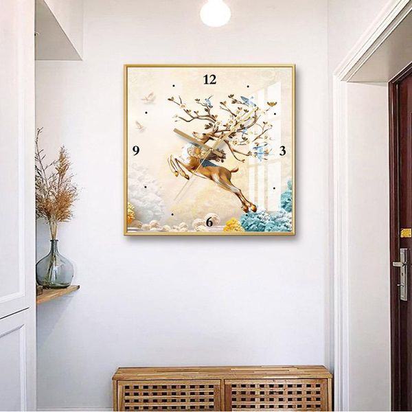 

wall clocks simple living room clock creative bedroom silent trend light luxury crystal porcelain painting hole square