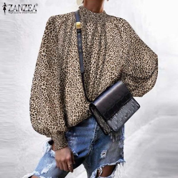 

women's blouses & shirts leopard 2022 fashion printed casual puff sleeve blusas female ol style tunic chemise top, White