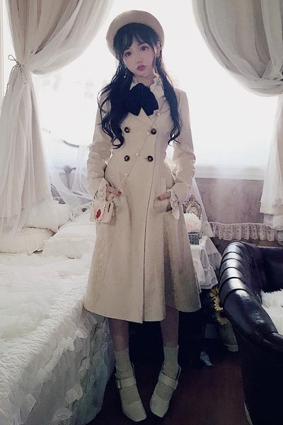 

women's trench coats princess sweet lolita autumn slim double breasted side lace long coat windbreaker waist belt women c1662, Tan;black