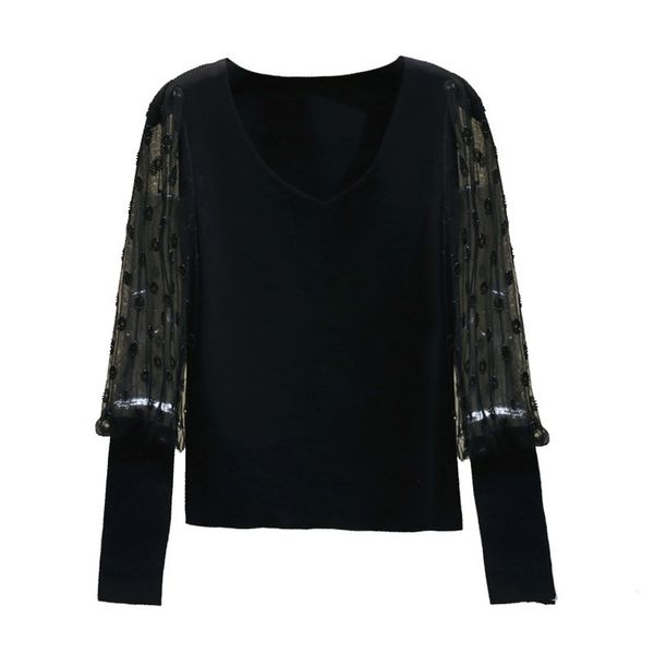 

2020 spring new women with low-necked v-knit lantern hoses long women's clothes outerwear upper mesh jumpers ypnq, White;black