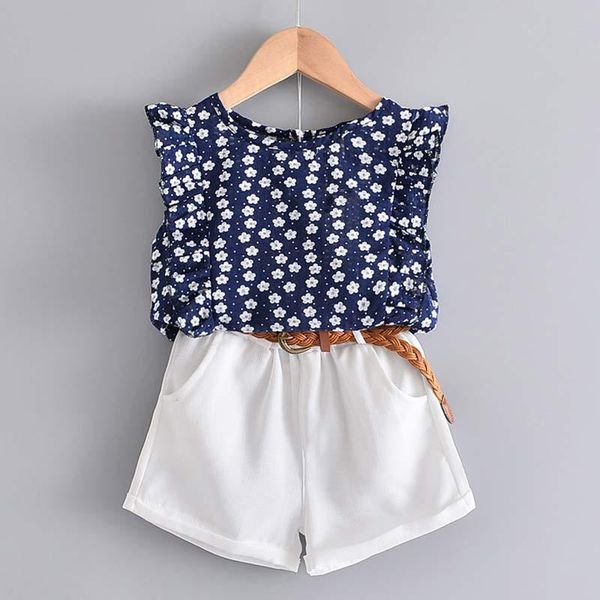 

clothing sets kids girl casual clothes 2021 summer fashion flare sleeve shirt and shorts suits 2 pieces children chiffon thin, White