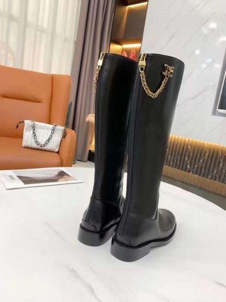 

designer boots women shoes logo fashion luxury metal chain knee long elegant temperament solid cowhide good matching 34-40, Black