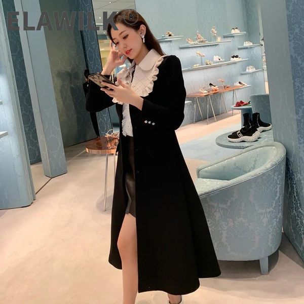 

women's wool & blends women black woolen coat 2021 elegant turn down collar diamond single breasted slim long trench dress female winte