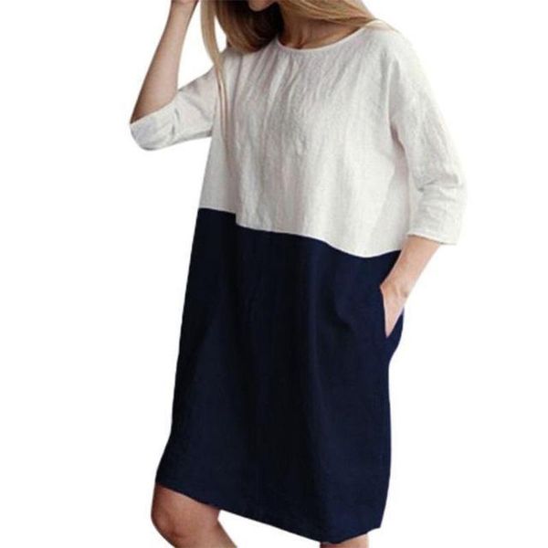 

casual dresses loose solid color cotton linen stitching dress round neck three-quarter sleeve plus size, Black;gray