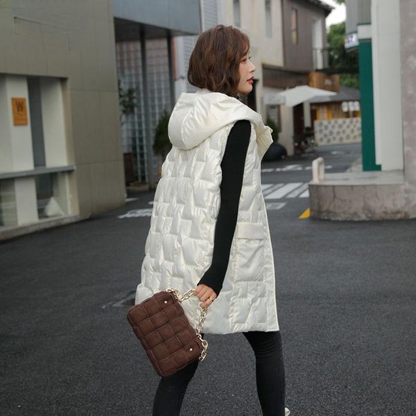 

women's vests 2021 autumn winter loose mid-length vest solid hooded thick warm waistcoat sleeveless jacket d42, Black;white