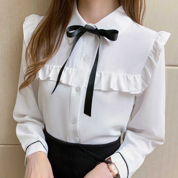

long sleeve white blouse women blouse women blusas mujer de moda ruffles turn down collar chiffon blouse blusa e112 210602