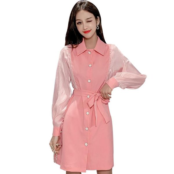 

casual dresses women vintage patchwork sashes a-line dress long sleeve turn-down collar solid elegant 2021 spring fashion, Black;gray