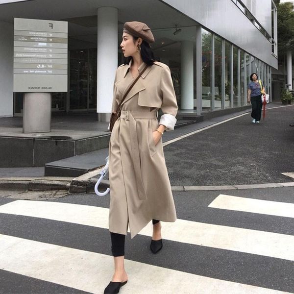 

women's trench coats spring female coat high street women clothes 2021 loose outerwear woman worker streetwear long windbreaker with, Tan;black