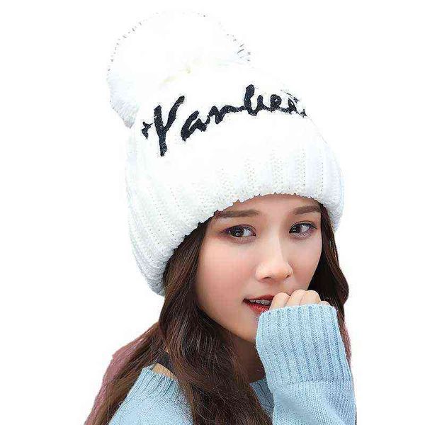 

wool hat cold hat women's winter big wool ball with korean letters women's autumn and knitted is versatile warm, Blue;gray