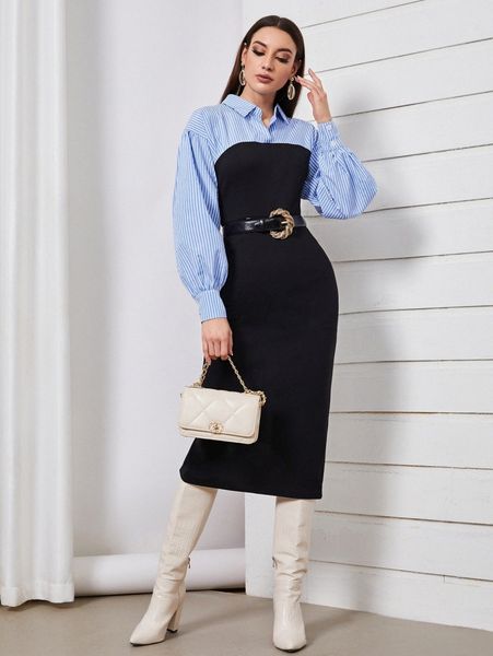 

striped paneled shirt dress without belt 96yq#, Black;gray