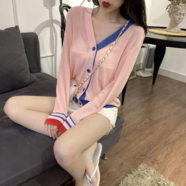 

women's knits & tees 2021 summer style stitching contrast color v-neck cardigan korean thin sun protection shirt top, White