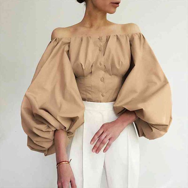 

women vintage off shoulder blouse lantern sleeve slash neck cotton shirt, White