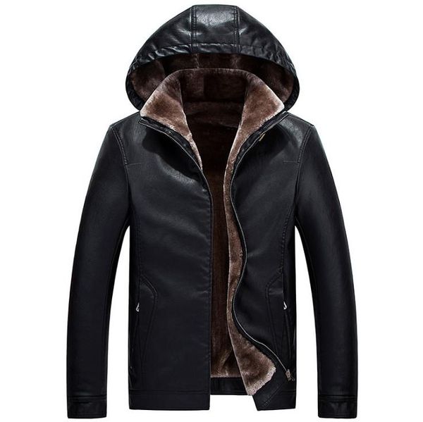 

men's fur & faux 2021 winter leather jacket men coats thick casual male hooded jackets, Black