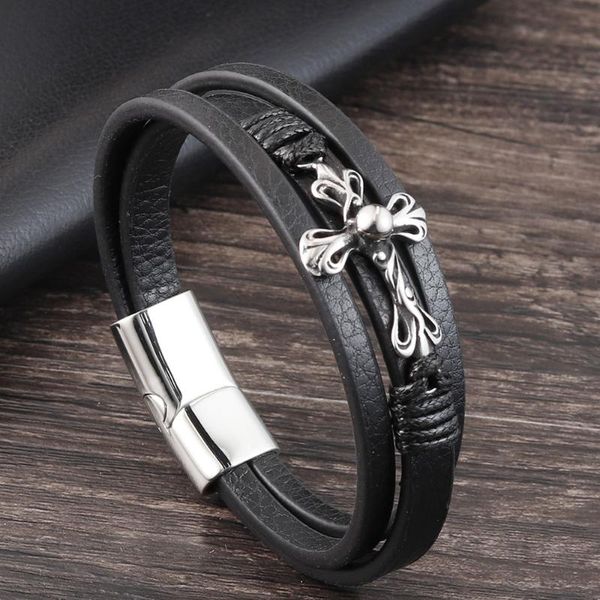 

charm bracelets black cross pattern metal magnetic buckle leather men's bracelet stainless steel fine jewelry with sculpture, Golden;silver