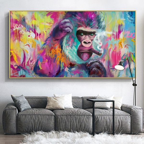 Abstrakte Graffiti-Kunst-Leinwandmalerei, rauchender Gorilla-Affe-Tier-Poster und Drucke, Wandbilder für Wohnzimmer, Heimdekoration
