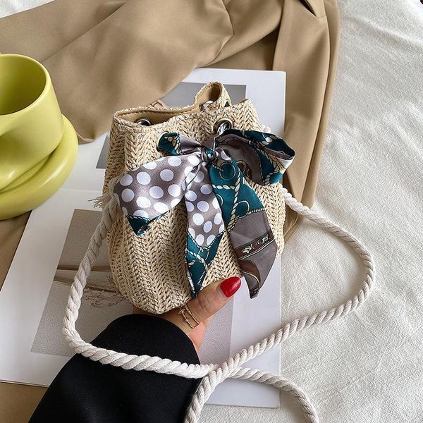 

evening bags 2021 women's bag versatile straw weaving fashion silk scarf handbag bucket one shoulder messenger