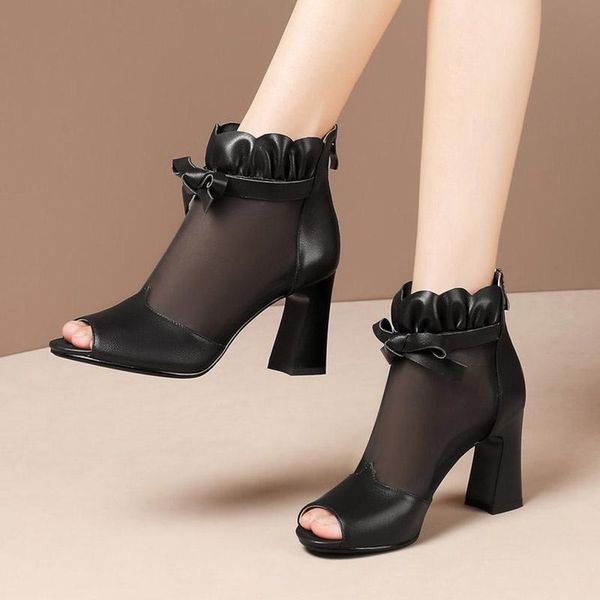 

2021 new summer women's shoes ladies sandals mesh ankle boots fish mouth high heels mesh high heel dress shoes, Black