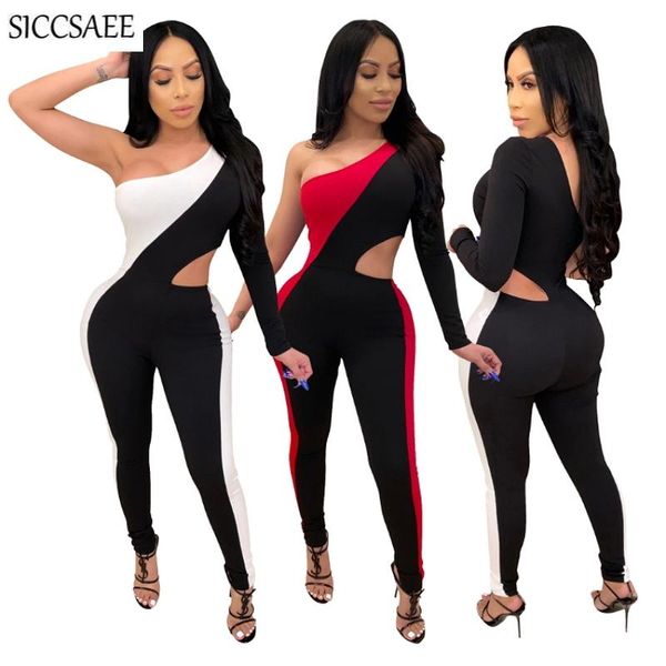 

women's jumpsuits & rompers hole cut out contrast color patchwork bandage long pants one shoulder bodycon leotard tight slim fit bodysu, Black;white