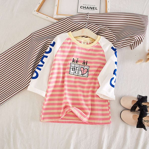 

2021summer clothes children's 2019 girl's temperament long sleeve striped stitching t-shirt new korean version, Blue