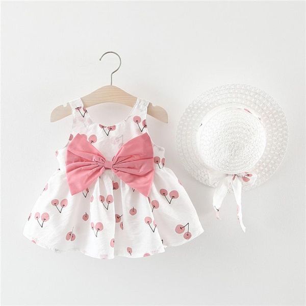 

clothing sets baby girls dress with hat 2pcs clothes cherry print toddler kids sleeveless birthday party princess, White