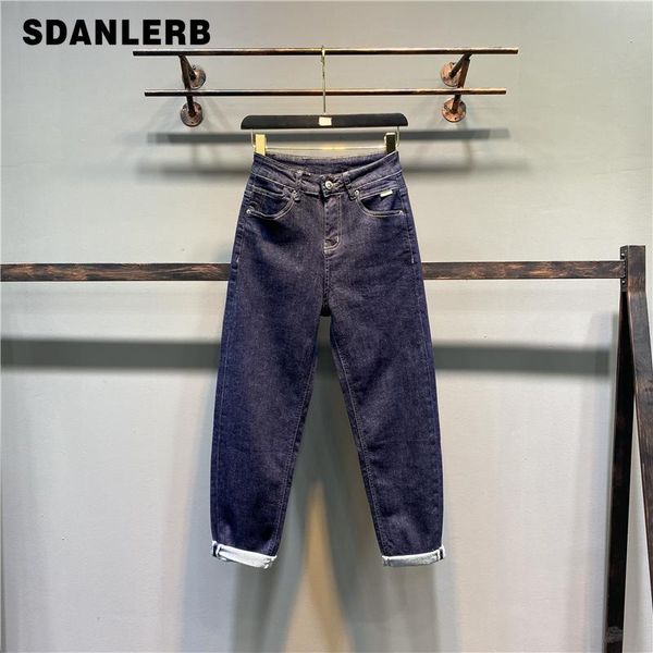 

women's jeans dark blue autumn 2021 fashion stretch all-matching loose trousers cropped high waist dad harem pants