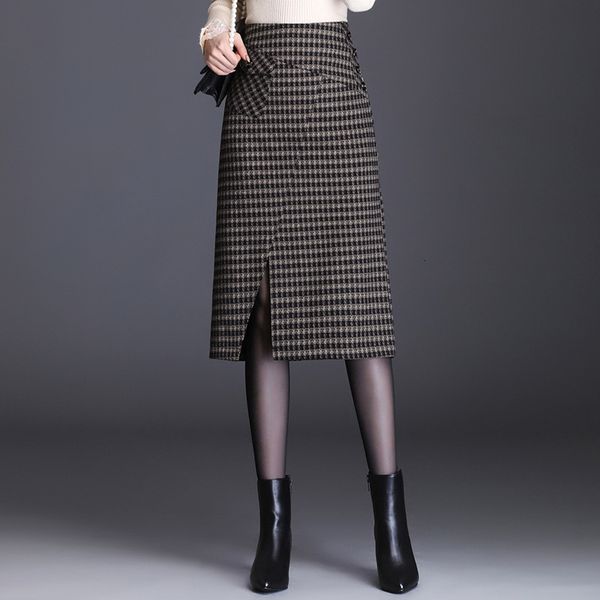 

skirts knee length plaid fashion autumn 2021 elastic waist slim hem split temperament a-line skirt, Black