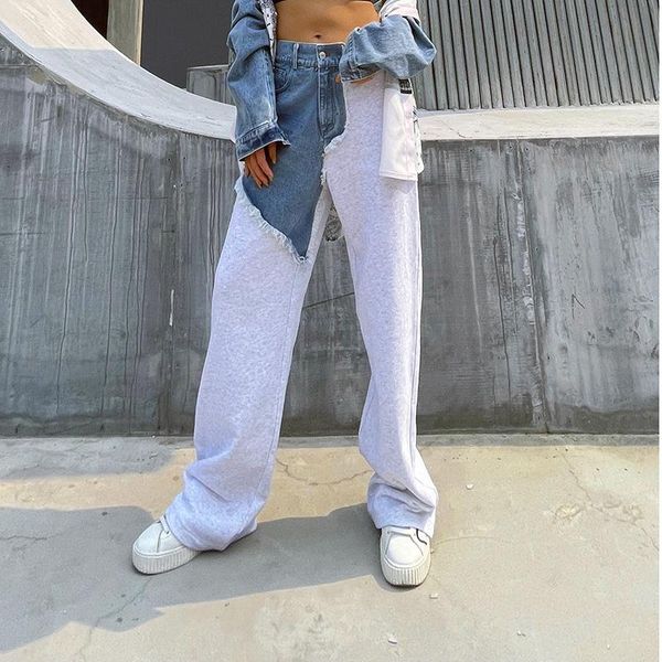 

women's pants & capris fashion stitching women sweatpants 2021 autumn and winter denim patchwork wide leg long casual joggers, Black;white