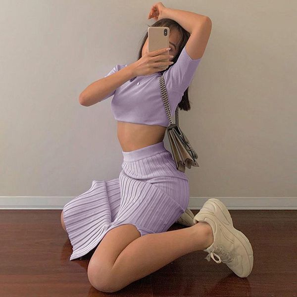 

women's tracksuits fashion designer purple two pieces dresses short sleeve solid light bodycon split mide women, Gray