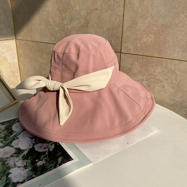 

wide brim hats fashion bow sun hat 2021 summer autumn panama women anti-uv beach bowknot foldable bucket fisherman cap, Blue;gray