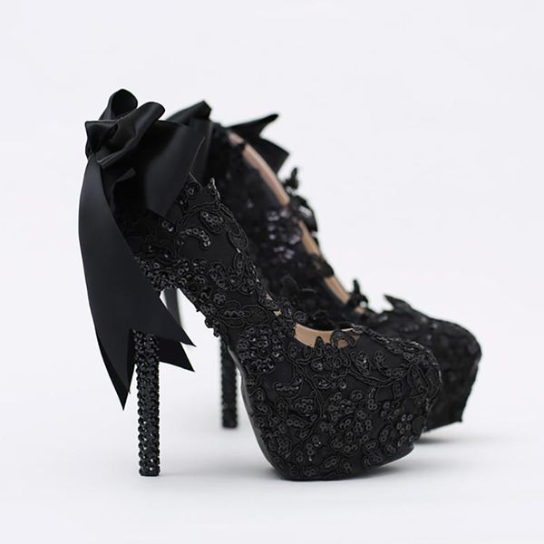 

dress shoes high heels 14cm platform black crystal women wedding ribbon bow bridal pumps lace ankle strap ladies party