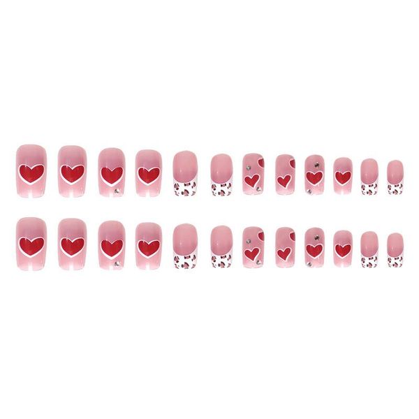 

false nails 24pcs love heart print nail patch glue type removable long paragraph fashion manicure save time fre-drop, Red;gold