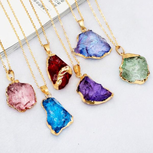 

chains reiki healing crystal pendant necklace with gold edge dyed irregular stone necklaces for women, Silver
