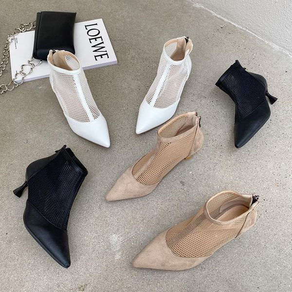 

boots fashion women sandals pointed toe air mesh thin high heels short ankle back zippers black/beige size 35-40 flock