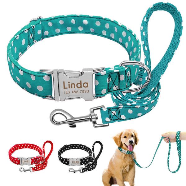 Colletto per cani Custom Nylon Pet Polka Dot Collar Walking Leash Set personalizzato Nome cucciolo ID Tag Collari regolabili Inciso 211006