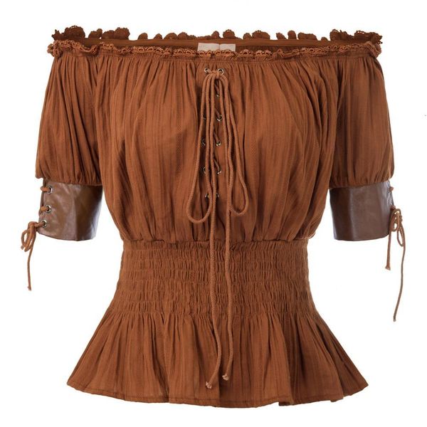 

womens vintage retro steampunk victorian half sleeve off shoulder shirts neckline with elastic band half length sleeves, White