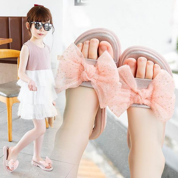 

slipper children slippers 2021 summer baby open-toed non-slip kids outer wear fashion net yarn bow girls soft-soled sandals, Black;grey