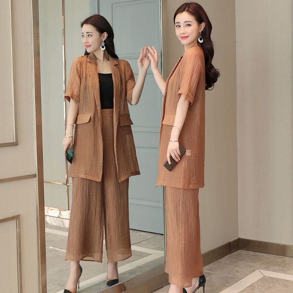 

new chiffon women short-sleeve summer fashion western style two-piece suit pants wide hznt, Gray