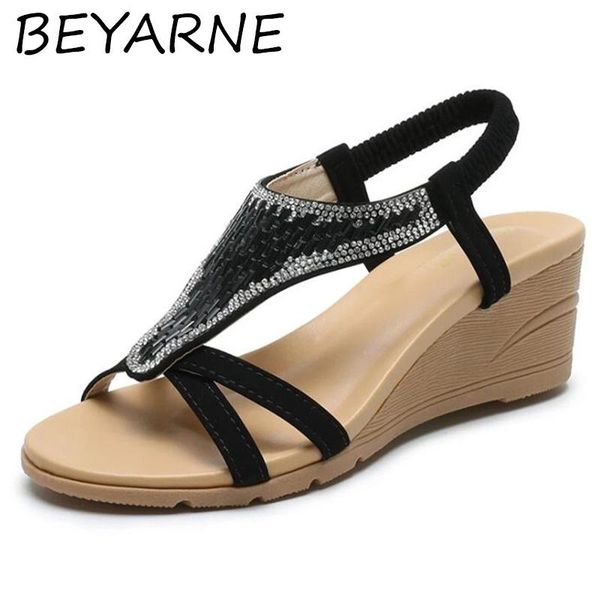 

sandals beyarne ladies foreign trade large size roman style 2021 fashion rhinestone temperament wedge open toe women's shoes, Black