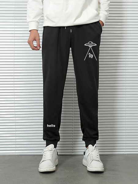 

romwe guys letter spaceship graphic drawstring sweatpants i0uh#, Black
