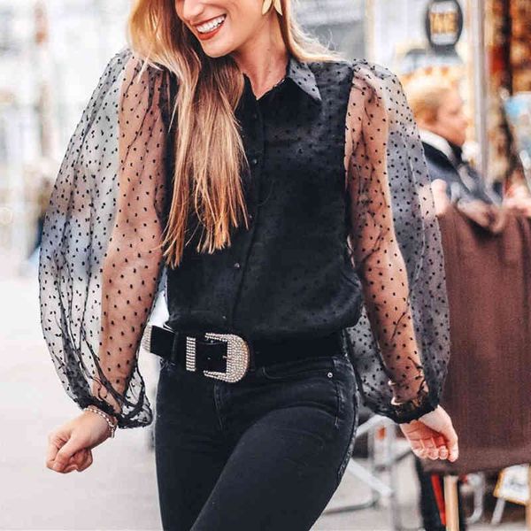 

women's knits & tees elegant woman black lace patchwork seethrough blouse 2021 spring ladies dot shirts female casual streetw, White