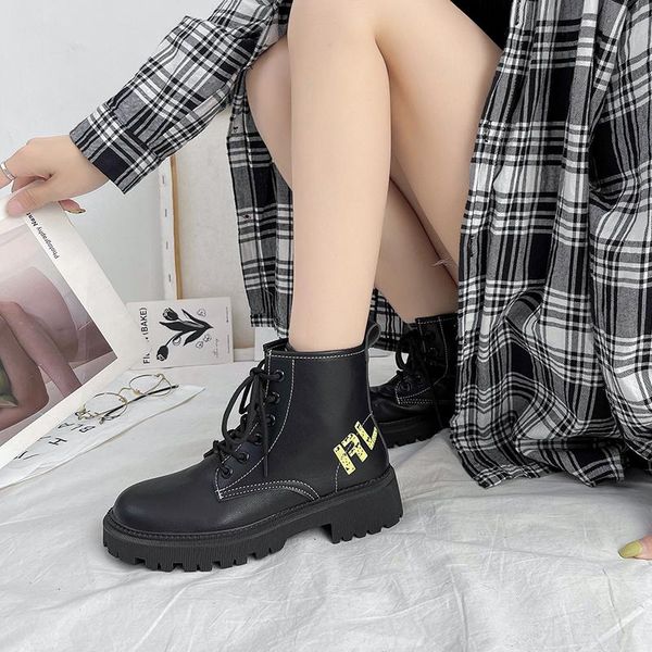 

boots women winter motorcycle thick sole non-slip platform ankle woman fashionbritish style short, Black