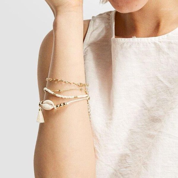 

charm bracelets 5pcs women shell and beads bracelet gold color set jewelry for girl chain & link bangle1, Golden;silver
