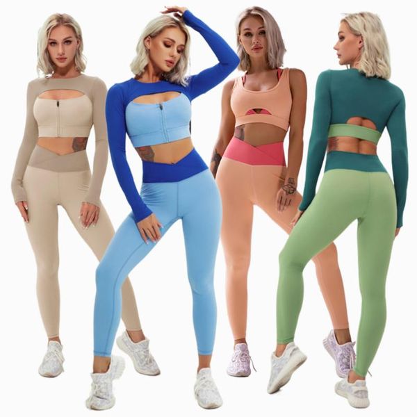 

gym clothing women yoga set zipper long sleeve high waist leggings workout clothes fitness sport sportwear suit -40, White;black