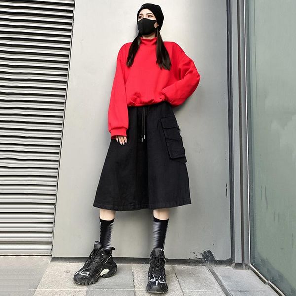 

pockets buckle big stitch black drawstring high waist half-body skirt women fashion tide new spring autumn 2021 1dd3389