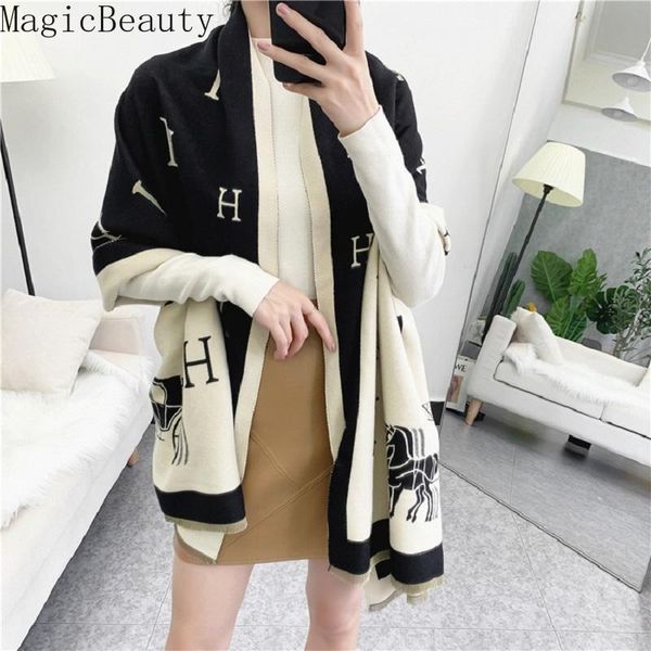 

scarves winter scarf women cashmere pashmina horse print shawls and wraps lady thick blanket bufanda, Blue;gray