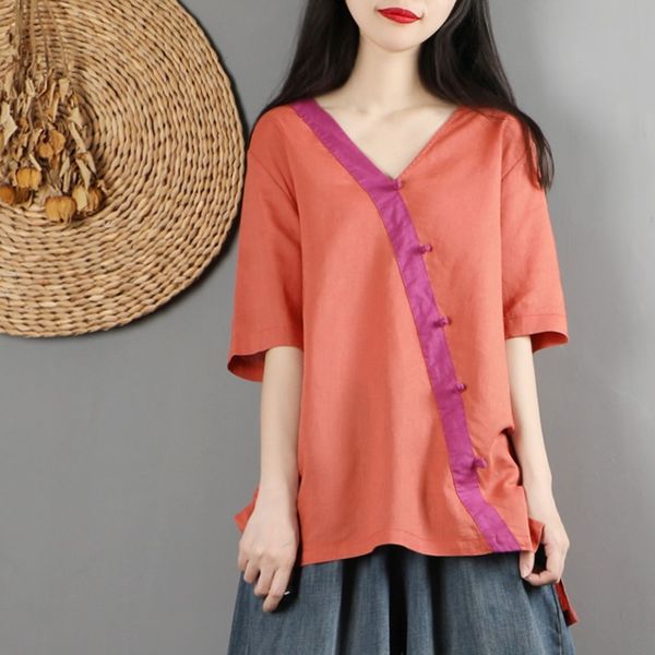

summer traditional chinese style clothing women classic tang suit qipao shirts cotton linen ethnic vintage chinese 12208, Red