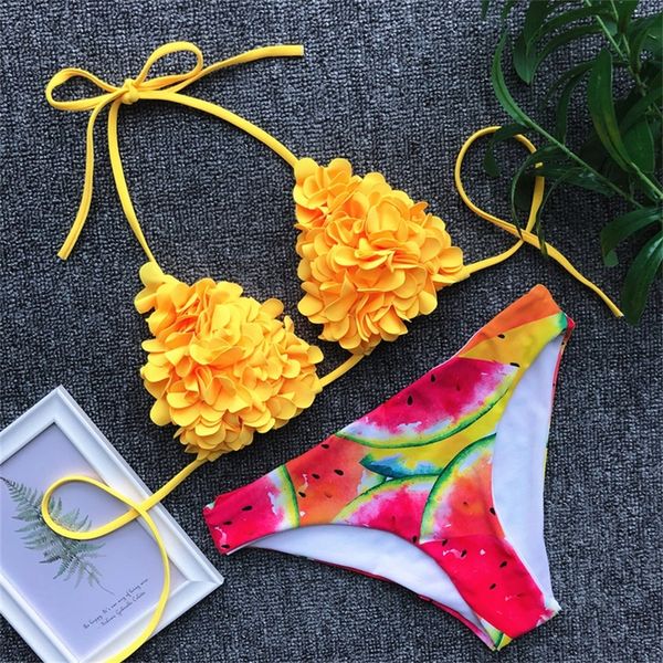 

2019 swimwear print women bikini set print flowers push-up padded swimsuit low waist bathing beachwear biquini swimsuit